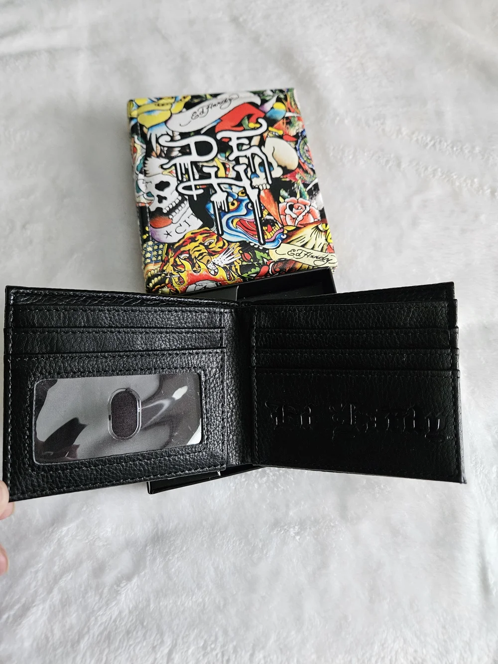 Ed Hardy Black Pebbled Leather Bi-Fold Wallet With Gift Case